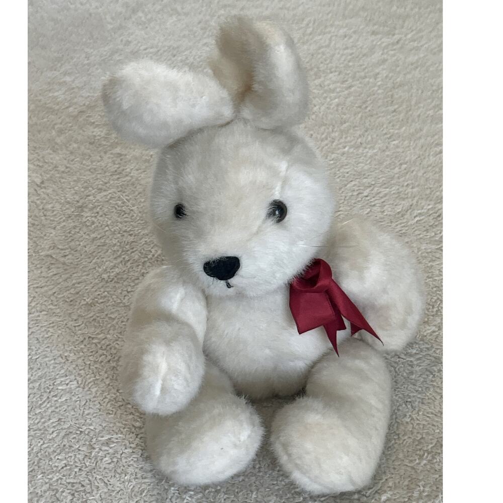 Vintage Rabbit Stuffed Animal Bunny Stuffy White Jointed CS Int'l 1983 Bow USA